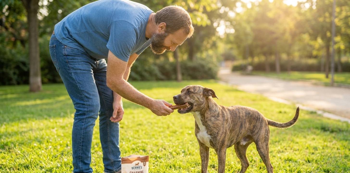 Carl Thompson giving Ruger a Charming Chompers dental chew