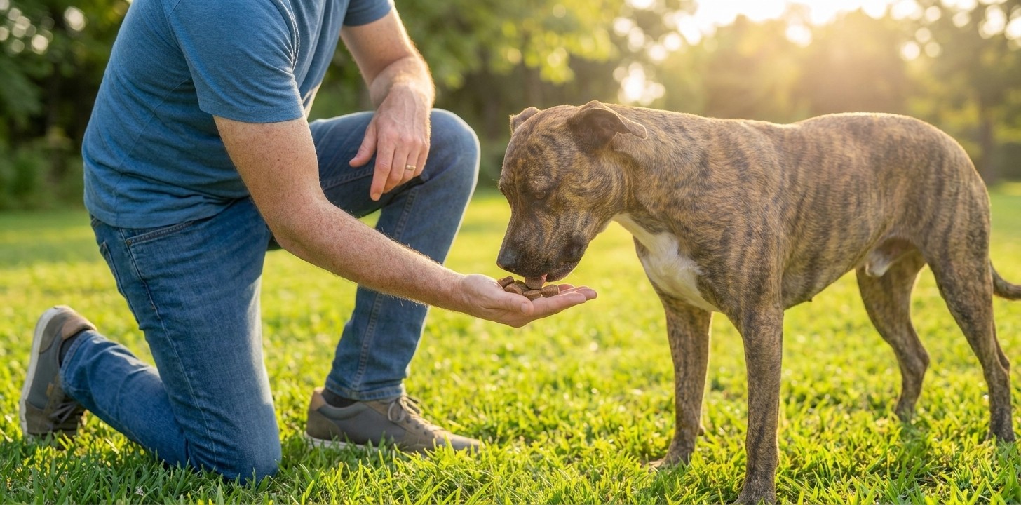 Carl Thompson giving Ruger hip and joint chews in the park