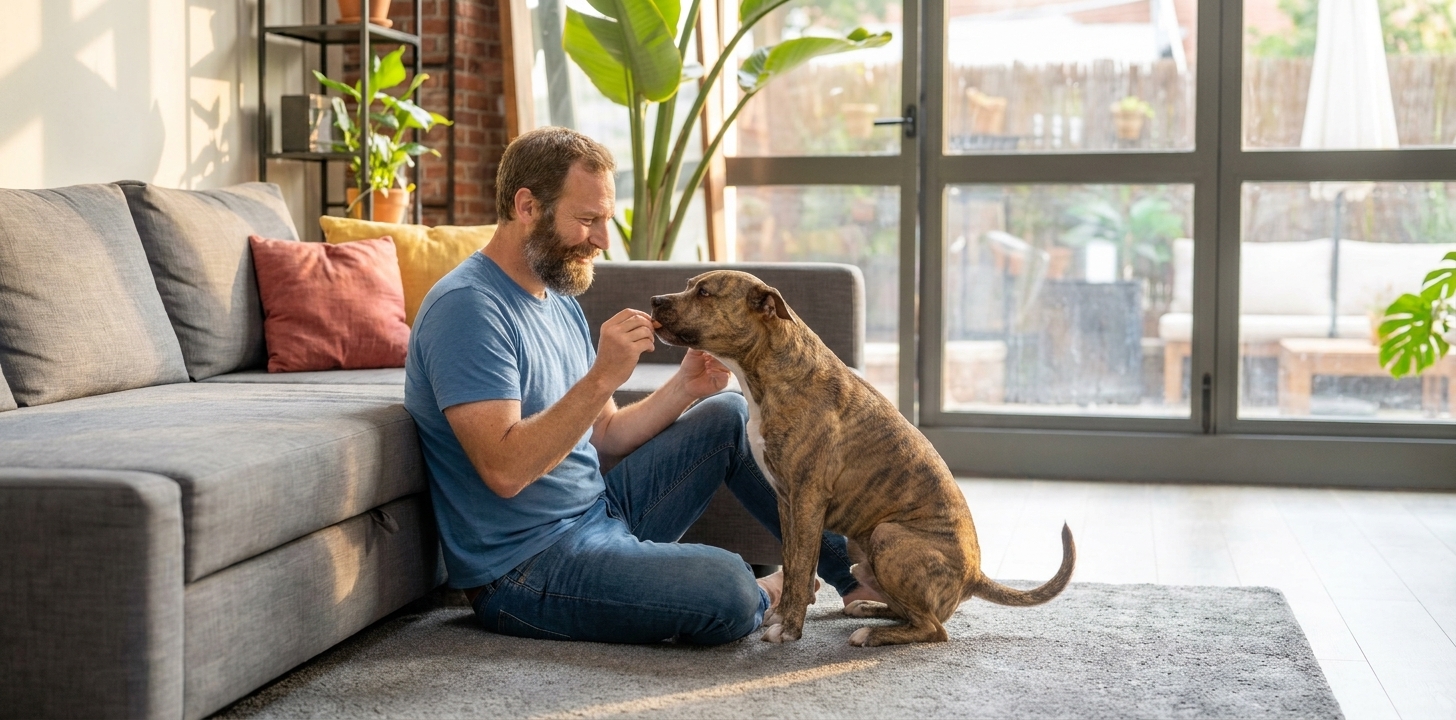 Carl Thompson giving Ruger a chew in the living room